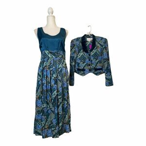 Vtg 80s/90s Karin Stevens 2 pieces Midi Sheath Dress Floral blue Blazer Sz 10